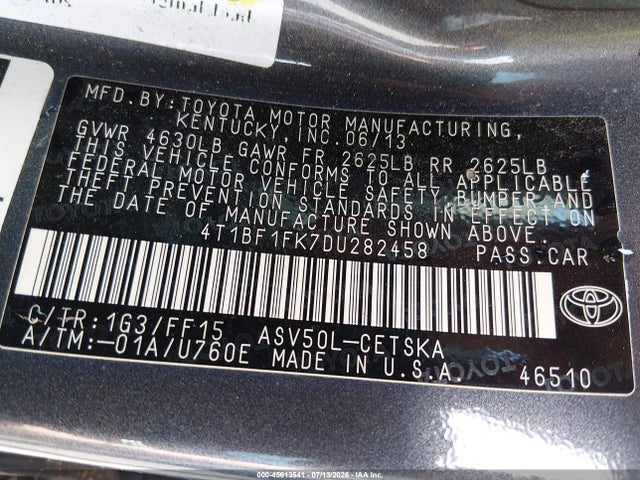 45613541 :رقم المزاد ، 4T1BF1FK7DU282458 vin ، 2013 Toyota Camry Se مزاد بيع
