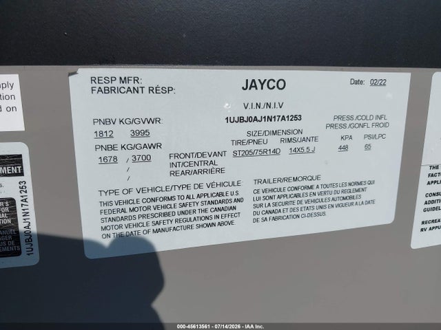 1UJBJ0AJ1N17A1253 Jayco Jayfl184bh