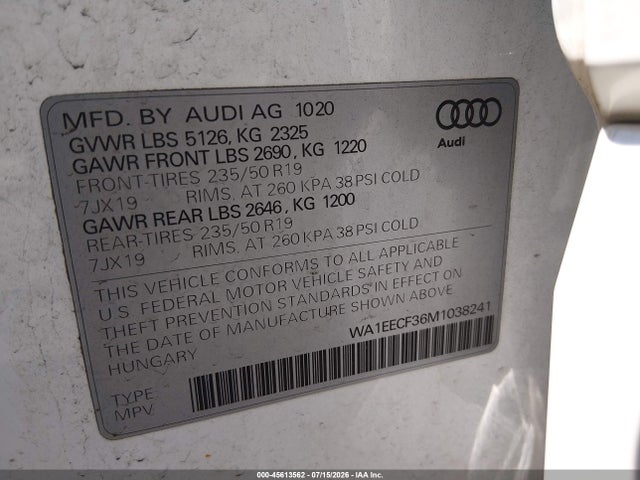 Продаж на аукціоні авто 2021 Audi Q3 Premium Plus 45 Tfsi S Line Quattro Tiptronic, vin: WA1EECF36M1038241, номер лоту: 45613562