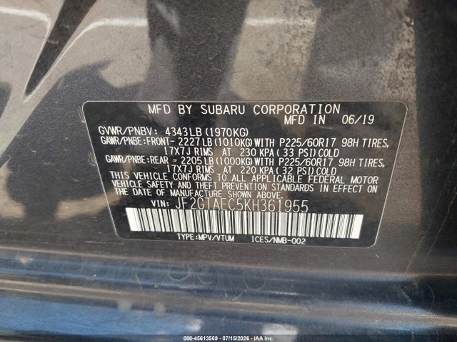 Aukcja sprzedaży 2019 Subaru Crosstrek 2.0i Premium, vin: JF2GTAEC5KH361955, numer aukcji: 45613569
