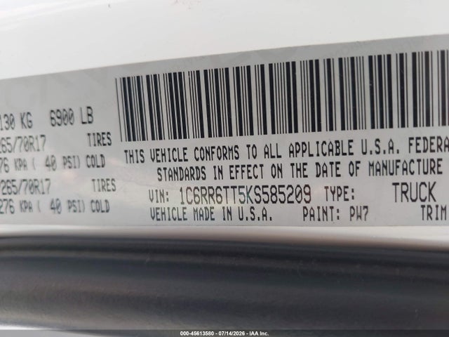 1C6RR6TT5KS585209 RAM 1500 Classic Slt 4x2 6&#039;4 Box