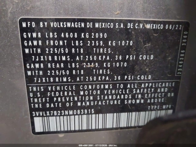 Продаж на аукціоні авто 2022 Volkswagen Taos 1.5t Se, vin: 3VVLX7B23NM083915, номер лоту: 45613581