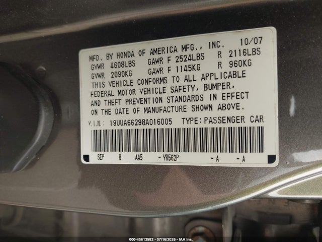 Продаж на аукціоні авто 2008 Acura Tl 3.2, vin: 19UUA66298A016005, номер лоту: 45613582