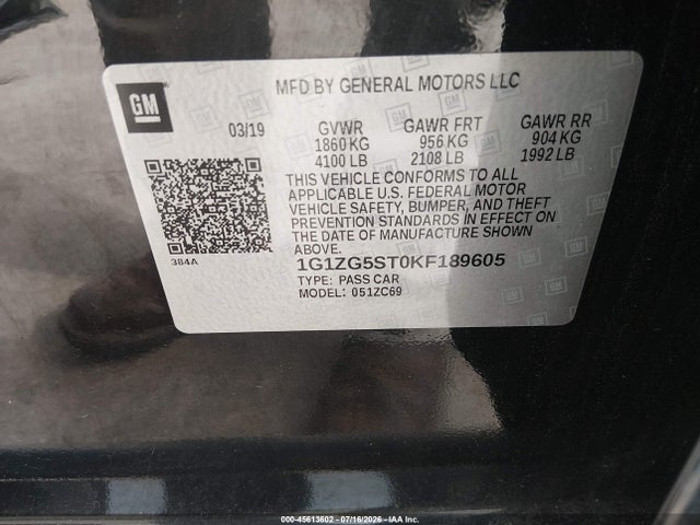 Продажа на аукционе авто 2019 Chevrolet Malibu Rs, vin: 1G1ZG5ST0KF189605, номер лота: 45613602