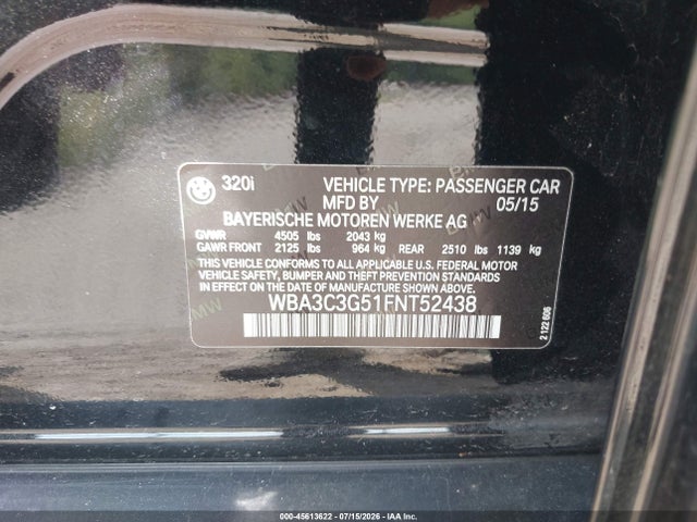 2015 Bmw 320i Xdrive მანქანა იყიდება აუქციონზე, vin: WBA3C3G51FNT52438, აუქციონის ნომერი: 45613622