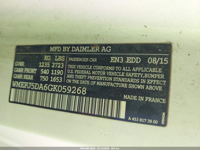 Aukcja sprzedaży 2016 Smart Fortwo, vin: WMEFJ5DA6GK059268, numer aukcji: 45613624