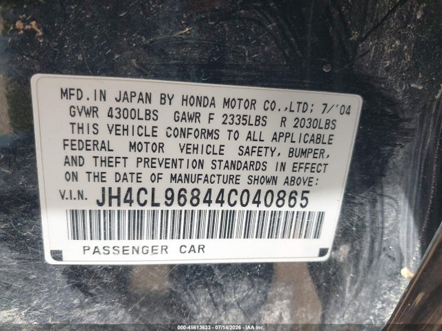 Продаж на аукціоні авто 2004 Acura Tsx, vin: JH4CL96844C040865, номер лоту: 45613633