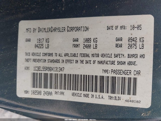 2006 Chrysler Sebring Touring მანქანა იყიდება აუქციონზე, vin: 1C3EL55R96N131347, აუქციონის ნომერი: 45613643