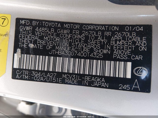 Aukcja sprzedaży 2004 Lexus Es 330, vin: JTHBA30G740014325, numer aukcji: 45613649