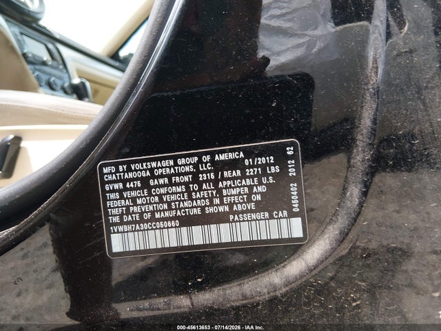 2012 Volkswagen Passat 2.5l Se მანქანა იყიდება აუქციონზე, vin: 1VWBH7A30CC050660, აუქციონის ნომერი: 45613653