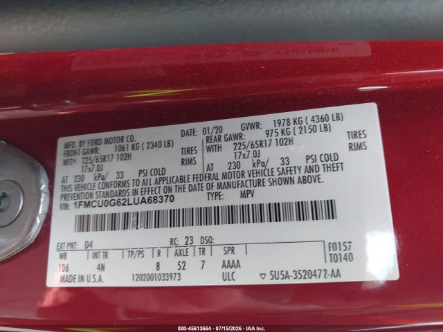 Продажа на аукционе авто 2020 Ford Escape Se, vin: 1FMCU0G62LUA68370, номер лота: 45613664