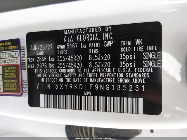 Aukcja sprzedaży 2022 Kia Sorento Sx, vin: 5XYRKDLF9NG135231, numer aukcji: 45613686