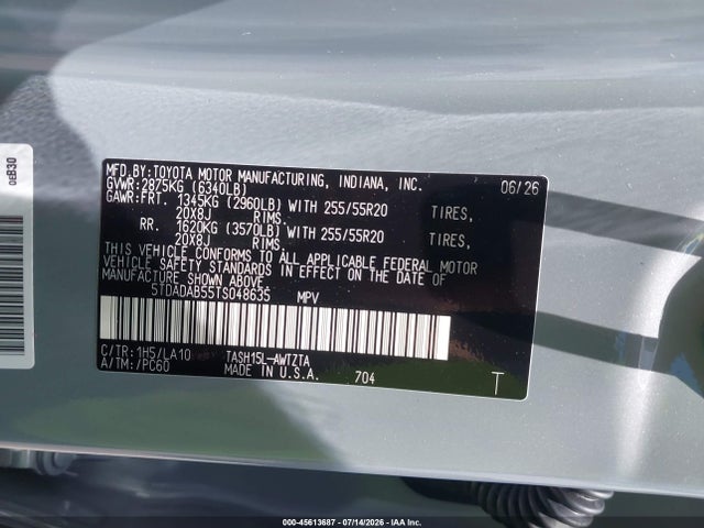 45613687 :رقم المزاد ، 5TDADAB55TS048635 vin ، 2026 Toyota Grand Highlander Hybrid Max Platinum مزاد بيع