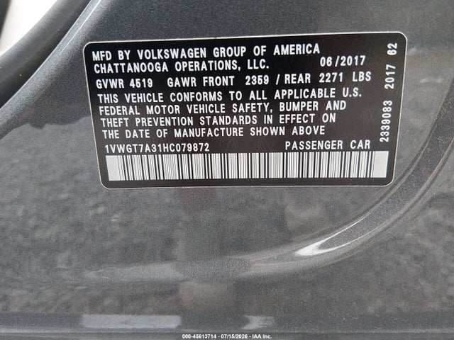 45613714 :رقم المزاد ، 1VWGT7A31HC079872 vin ، 2017 Volkswagen Passat 1.8t Se مزاد بيع