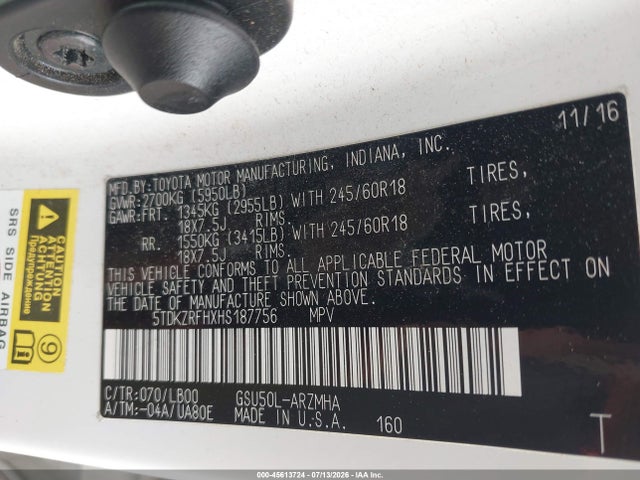 5TDKZRFHXHS187756 Toyota Highlander Xle