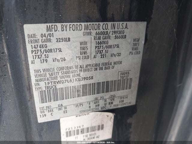 Aukcja sprzedaży 2001 Ford F-150 Harley-davidson Edition/king Ranch Edition/lariat/xlt, vin: 1FTRW07L61KB39058, numer aukcji: 45613727