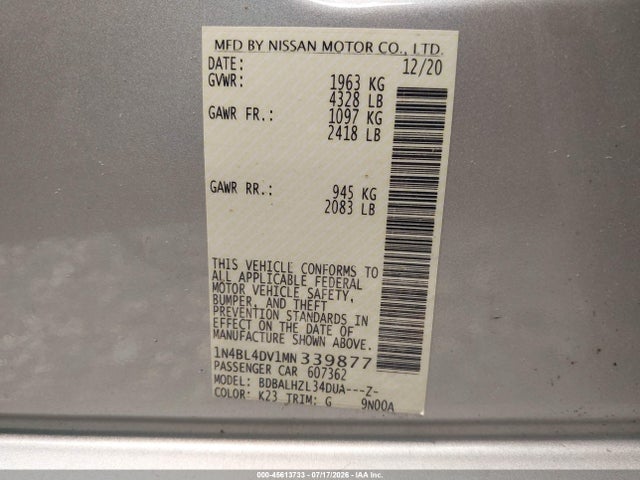 2021 Nissan Altima Sv Fwd მანქანა იყიდება აუქციონზე, vin: 1N4BL4DV1MN339877, აუქციონის ნომერი: 45613733