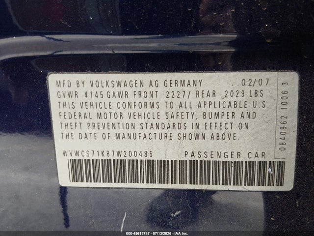 2007 Volkswagen Rabbit 4-door მანქანა იყიდება აუქციონზე, vin: WVWCS71K87W200485, აუქციონის ნომერი: 45613747