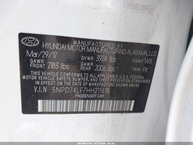 Продаж на аукціоні авто 2017 Hyundai Elantra Se, vin: 5NPD74LF7HH211618, номер лоту: 45613746