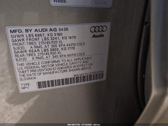 45613762 :رقم المزاد ، WA1AV74L57D010104 vin ، 2007 Audi Q7 4.2 مزاد بيع
