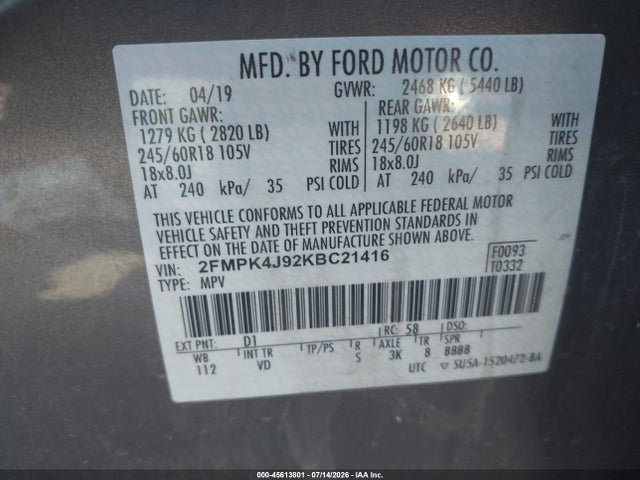 Aukcja sprzedaży 2019 Ford Edge Sel, vin: 2FMPK4J92KBC21416, numer aukcji: 45613801