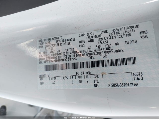 2022 Ford F-250 Xl მანქანა იყიდება აუქციონზე, vin: 1FT7W2B66NEC69723, აუქციონის ნომერი: 45613812