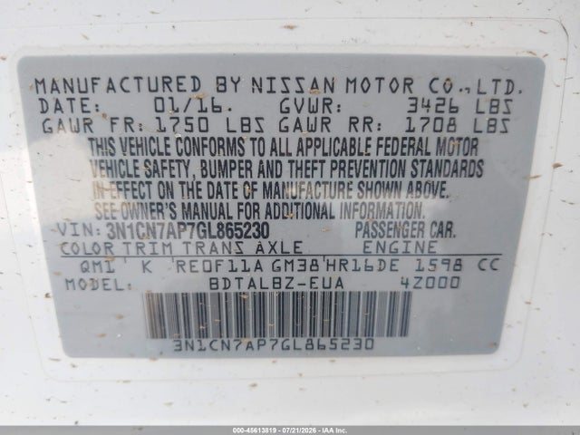 3N1CN7AP7GL865230 Nissan Versa 1.6 Sv