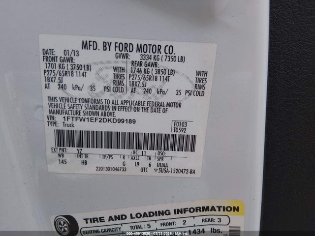 Aukcja sprzedaży 2013 Ford F-150 Lariat, vin: 1FTFW1EF2DKD99189, numer aukcji: 45613820