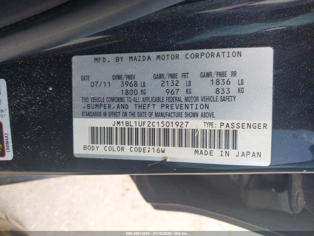 Aukcja sprzedaży 2012 Mazda Mazda3 I Sport, vin: JM1BL1UF2C1501927, numer aukcji: 45613839