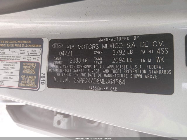Aukcja sprzedaży 2021 Kia Forte Lxs, vin: 3KPF24AD8ME364564, numer aukcji: 45613845