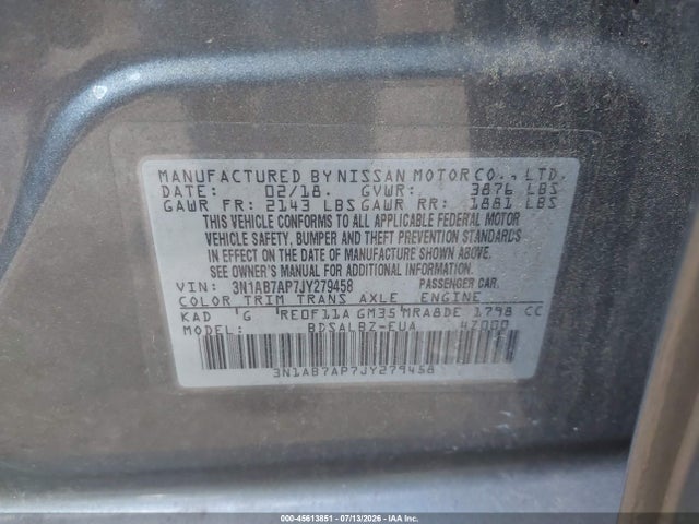 45613851 :رقم المزاد ، 3N1AB7AP7JY279458 vin ، 2018 Nissan Sentra S مزاد بيع