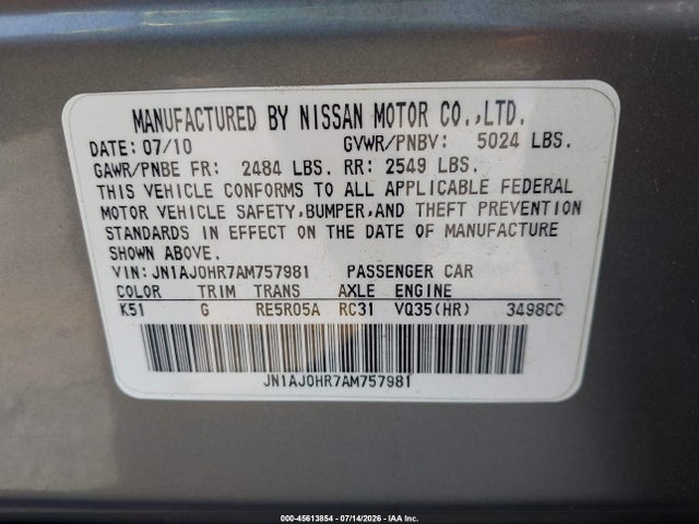 45613854 :رقم المزاد ، JN1AJ0HR7AM757981 vin ، 2010 Infiniti Ex35 Journey مزاد بيع
