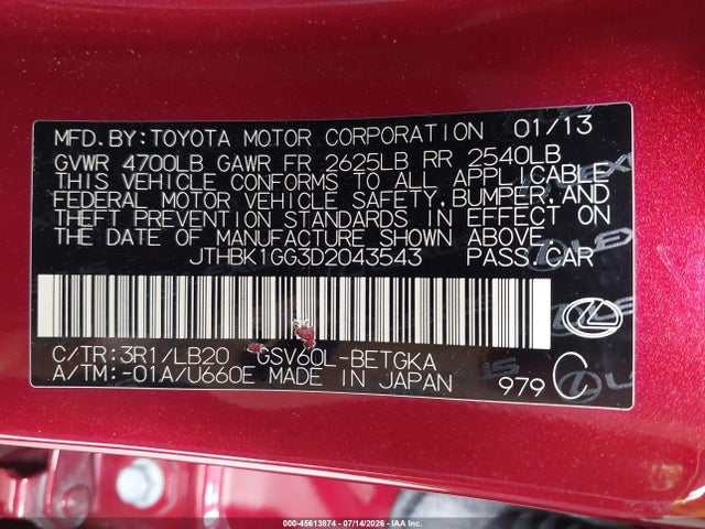 Продаж на аукціоні авто 2013 Lexus Es 350, vin: JTHBK1GG3D2043543, номер лоту: 45613874
