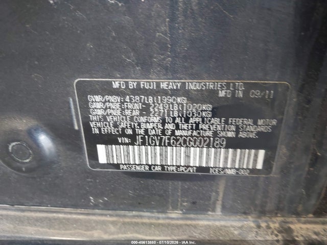 Продаж на аукціоні авто 2012 Subaru Impreza Wrx Premium, vin: JF1GV7F62CG002189, номер лоту: 45613880