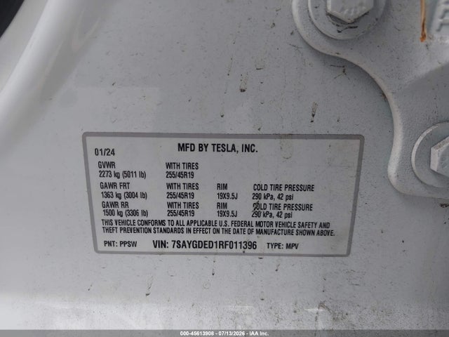 Aukcja sprzedaży 2024 Tesla Model Y Long Range Single Motor Rear-wheel Drive/rwd, vin: 7SAYGDED1RF011396, numer aukcji: 45613908