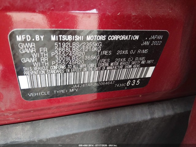 Продажа на аукционе авто 2022 Mitsubishi Outlander Es 2.5 S-awc, vin: JA4J4TA80NZ064647, номер лота: 45613914