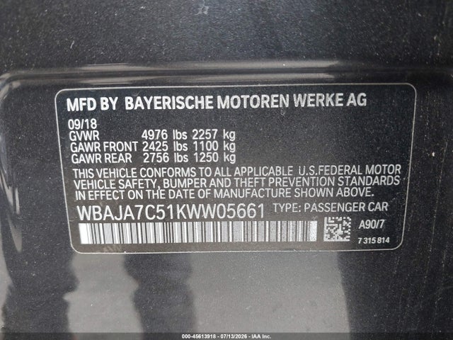 Aukcja sprzedaży 2019 Bmw 5 Series 530i Xdrive, vin: WBAJA7C51KWW05661, numer aukcji: 45613918