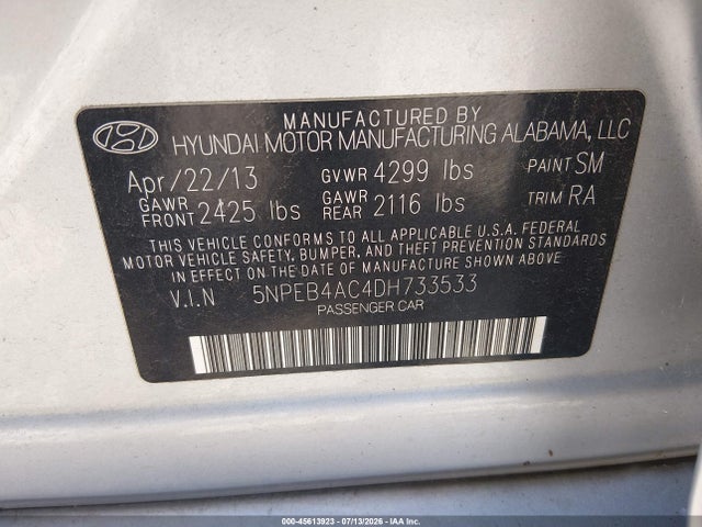 2013 Hyundai Sonata Gls მანქანა იყიდება აუქციონზე, vin: 5NPEB4AC4DH733533, აუქციონის ნომერი: 45613923