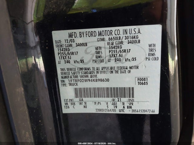 2004 Ford F-150 Stx/xlt მანქანა იყიდება აუქციონზე, vin: 1FTRF02W94KB98630, აუქციონის ნომერი: 45613934