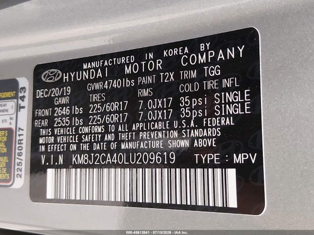 Продажа на аукционе авто 2020 Hyundai Tucson Se, vin: KM8J2CA40LU209619, номер лота: 45613941