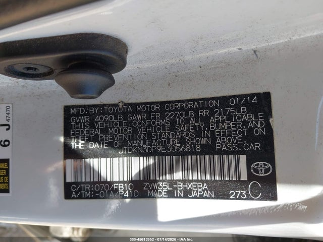 Продаж на аукціоні авто 2014 Toyota Prius Plug-in, vin: JTDKN3DP9E3056818, номер лоту: 45613952