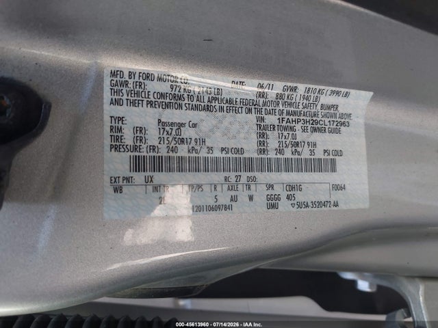 45613960 :رقم المزاد ، 1FAHP3H29CL172963 vin ، 2012 Ford Focus Sel مزاد بيع