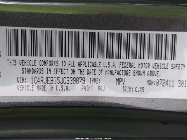 Продажа на аукционе авто 2018 Jeep Grand Cherokee Limited 4x2, vin: 1C4RJEBG5JC339879, номер лота: 45613963
