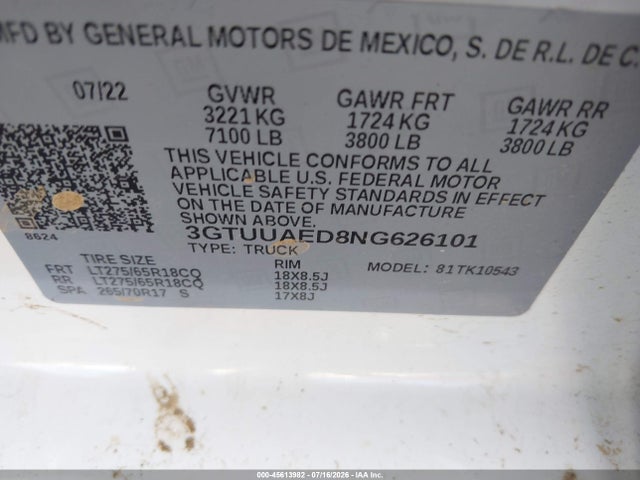 2022 Gmc Sierra 1500 4wd  Short Box Pro მანქანა იყიდება აუქციონზე, vin: 3GTUUAED8NG626101, აუქციონის ნომერი: 45613982