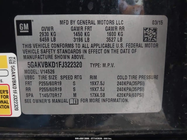 45613996 :رقم المزاد ، 5GAKVBKD1FJ322320 vin ، 2015 Buick Enclave Leather مزاد بيع