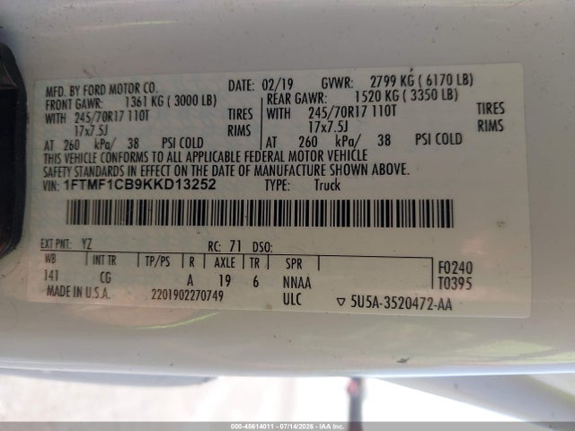 Ford F-150 Xl 2019 1FTMF1CB9KKD13252 Image 9