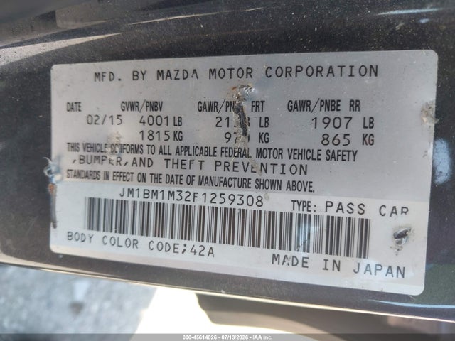 2015 Mazda Mazda3 S Grand Touring მანქანა იყიდება აუქციონზე, vin: JM1BM1M32F1259308, აუქციონის ნომერი: 45614026