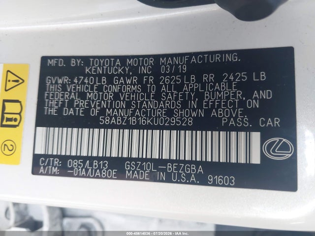 2019 Lexus Es 350 Luxury მანქანა იყიდება აუქციონზე, vin: 58ABZ1B16KU029528, აუქციონის ნომერი: 45614036