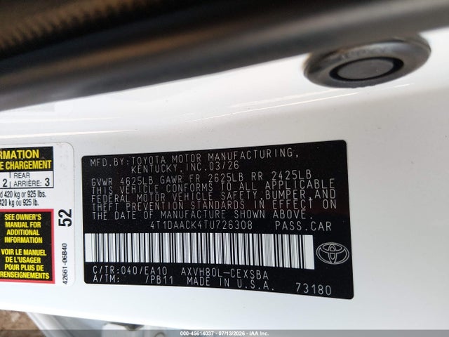 Продаж на аукціоні авто 2026 Toyota Camry Se, vin: 4T1DAACK4TU726308, номер лоту: 45614037