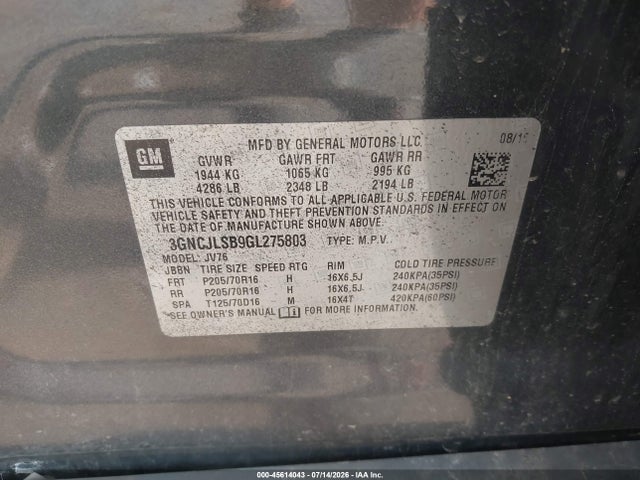 45614043 :رقم المزاد ، 3GNCJLSB9GL275803 vin ، 2016 Chevrolet Trax Lt مزاد بيع